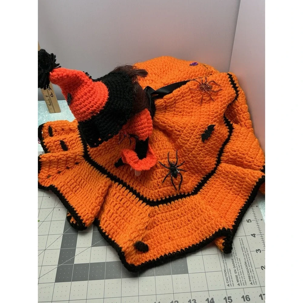 Vtg Halloween  Doll Black Hair Sleepy Eye Crochet Pumpkin Color Dress With Stand